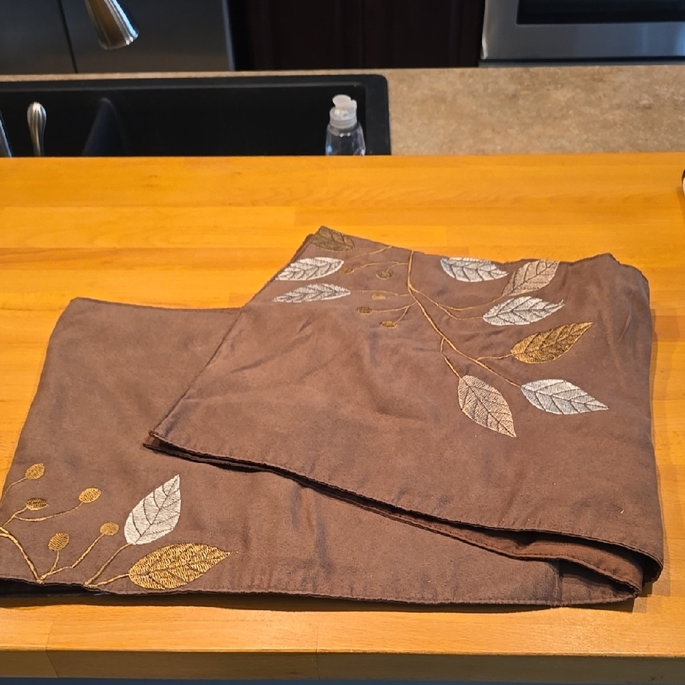 Brown Table Runner with Leaf Embroidery